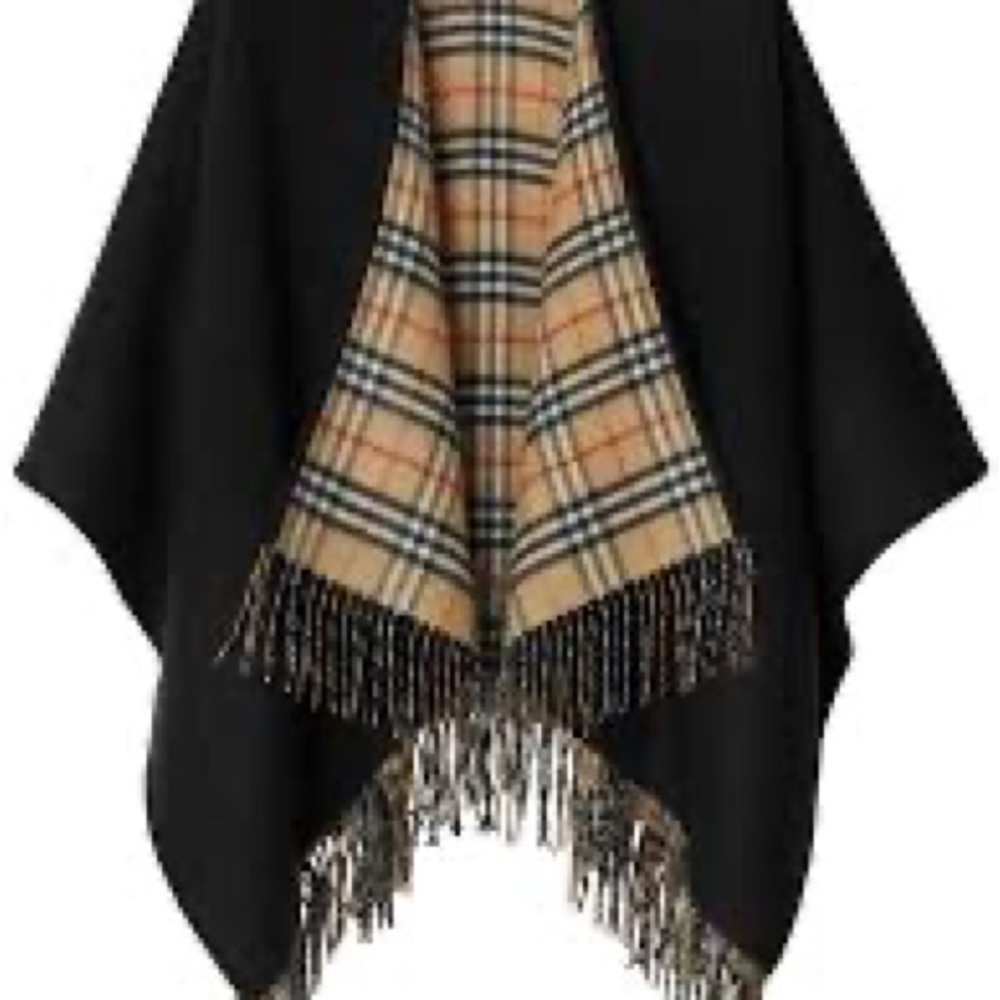 Burberry Black Cape with Plaid Lining and Fringe